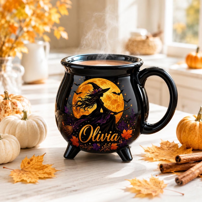 Personalized Witch Cauldron Mug, Custom Witch Halloween Ceramic Coffee Cup, Spooky Witchy, Spooky Fall Drinkware