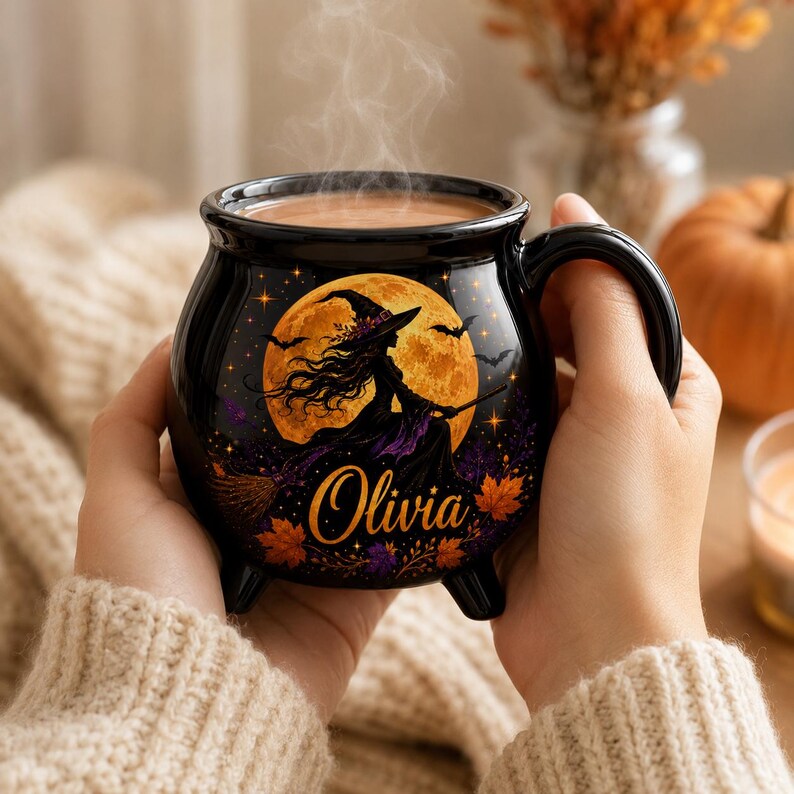 Personalized Witch Cauldron Mug, Custom Witch Halloween Ceramic Coffee Cup, Spooky Witchy, Spooky Fall Drinkware