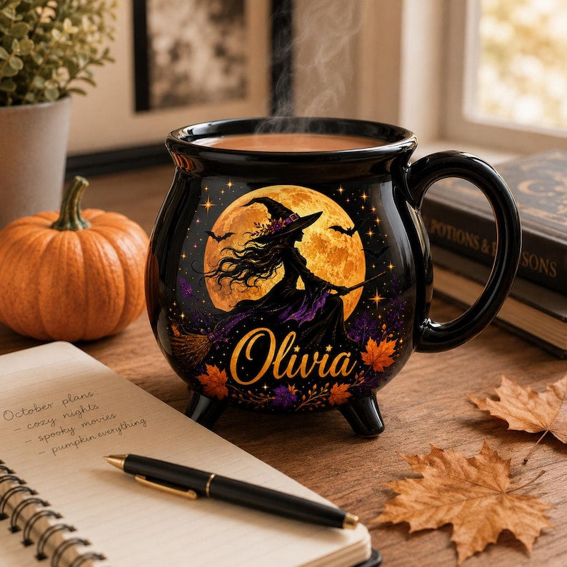 Personalized Witch Cauldron Mug, Custom Witch Halloween Ceramic Coffee Cup, Spooky Witchy, Spooky Fall Drinkware