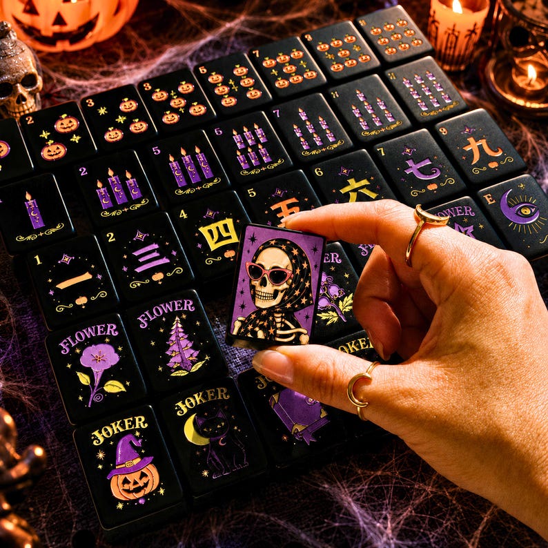 Glam Skeleton Halloween Mahjong Tiles, 160-Piece American Mahjong Set, Black Acrylic Tiles, Spooky Floral Game Night Gift