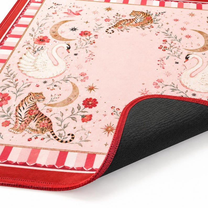 My Lucky Tiger Swan Mahjong Mat, Red Pink Celestial Moon Floral Game Night Gift, American Mahjong Table Cover