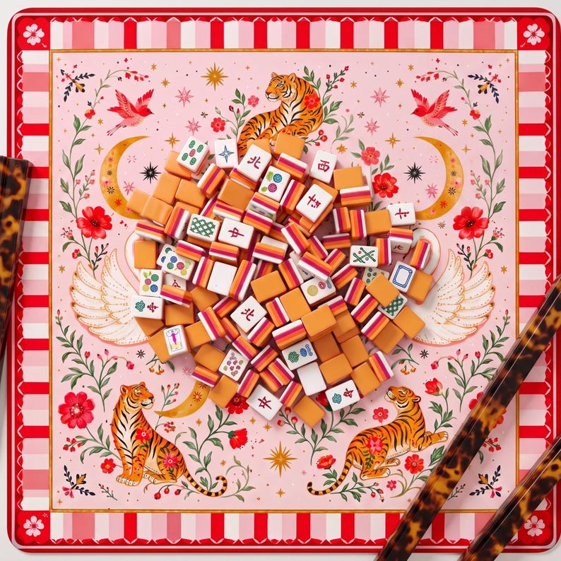 My Lucky Tiger Swan Mahjong Mat, Red Pink Celestial Moon Floral Game Night Gift, American Mahjong Table Cover