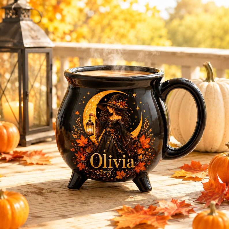 Personalized Autumn Witch Cauldron Mug, Custom Witch Halloween Ceramic Coffee Cup