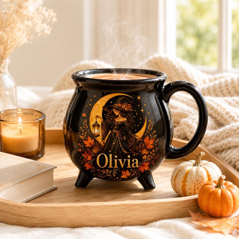 Personalized Autumn Witch Cauldron Mug, Custom Witch Halloween Ceramic Coffee Cup