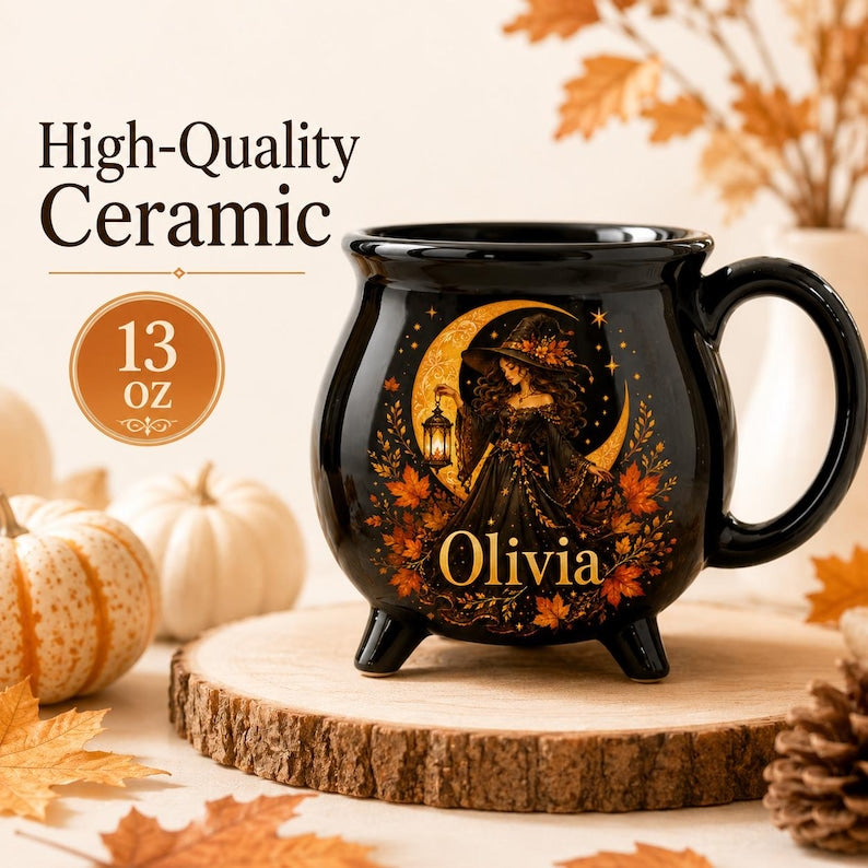 Personalized Autumn Witch Cauldron Mug, Custom Witch Halloween Ceramic Coffee Cup