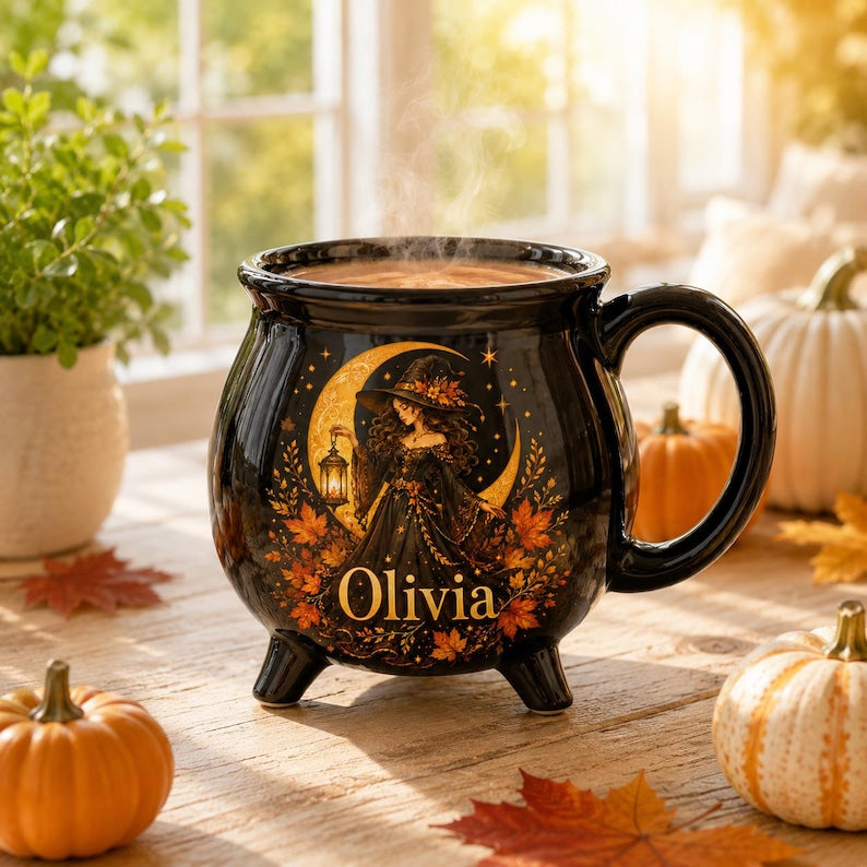 Personalized Autumn Witch Cauldron Mug, Custom Witch Halloween Ceramic Coffee Cup