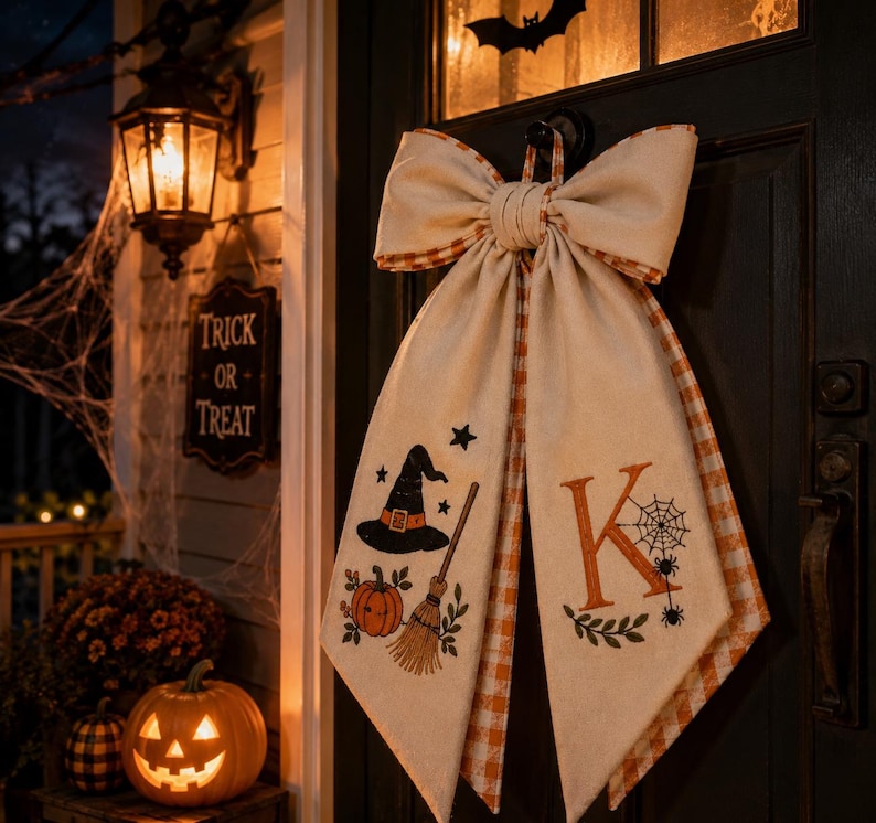 Personalized Halloween Front Door Bow, Embroidered Witch Hat Pumpkin Door Hanger, Halloween Wreath Bow