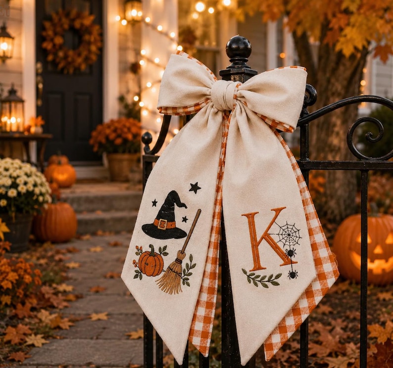 Personalized Halloween Front Door Bow, Embroidered Witch Hat Pumpkin Door Hanger, Halloween Wreath Bow