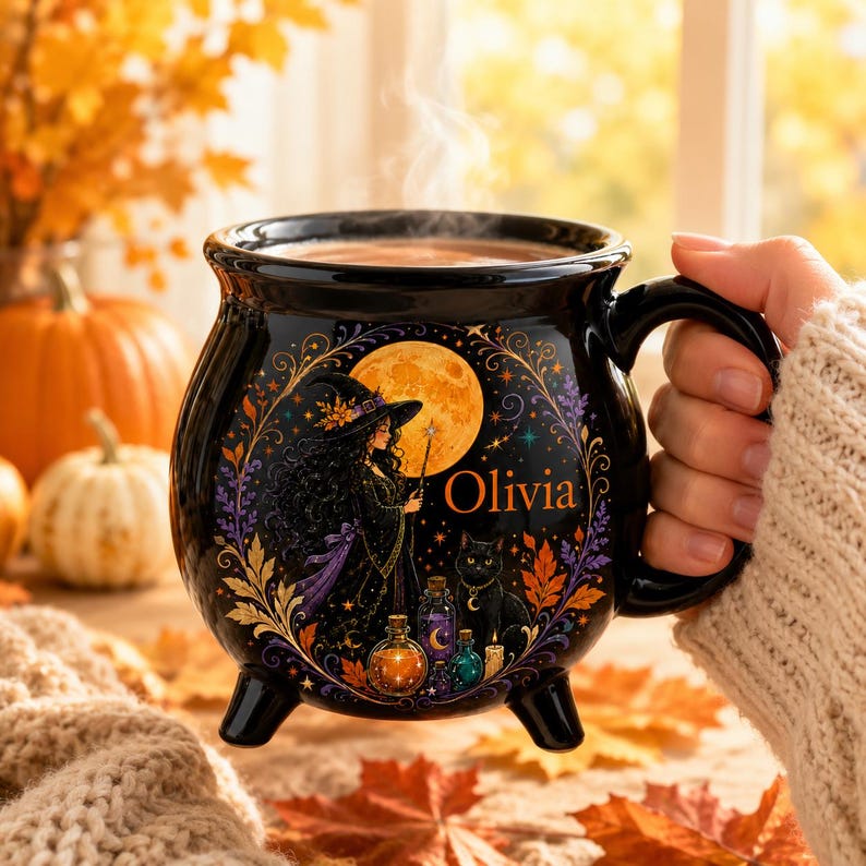 Personalized Witch Cauldron Mug, Custom Witch Halloween Ceramic Coffee Cup, Black Cat Potion Witchy Gift
