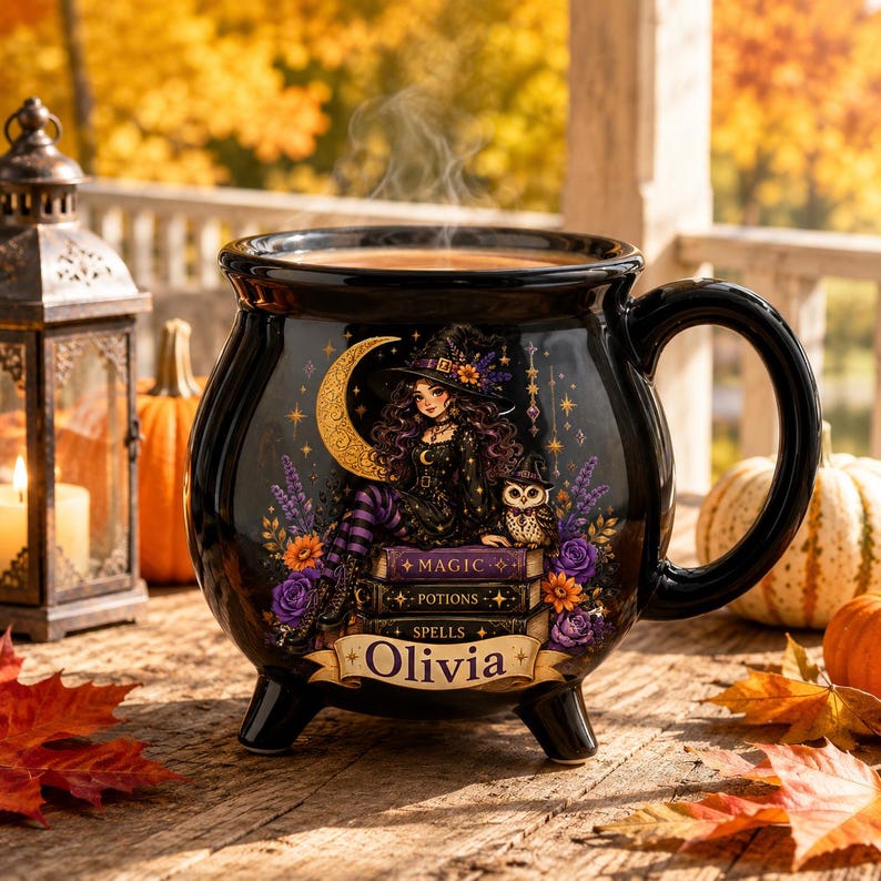 Personalized Halloween Cauldron Mug, Custom Witchy Coffee Cup, Spooky Witch Ceramic Drinkware, Autumn Witchy Gift