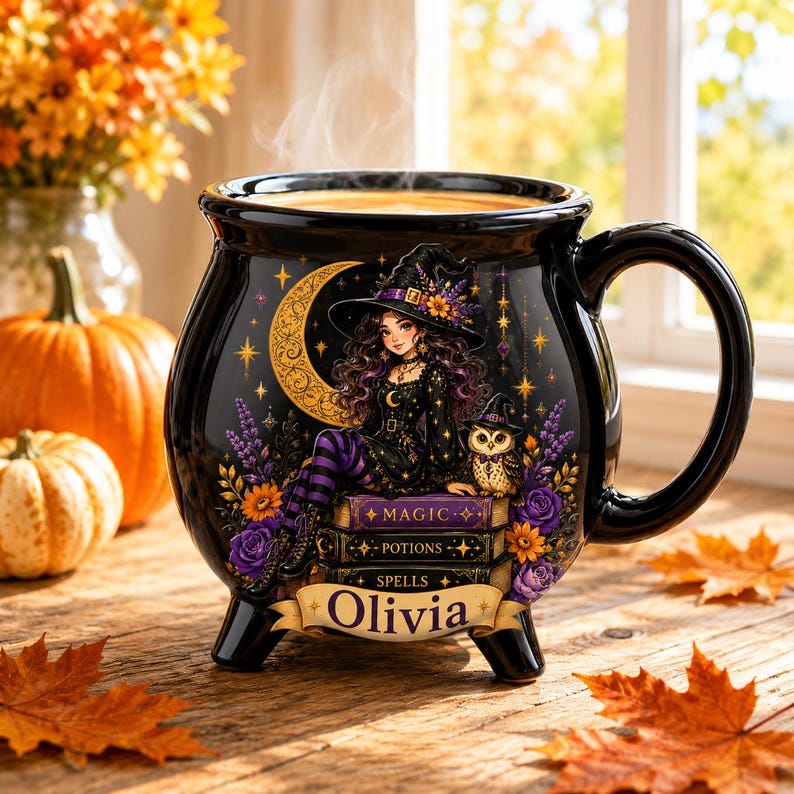 Personalized Halloween Cauldron Mug, Custom Witchy Coffee Cup, Spooky Witch Ceramic Drinkware, Autumn Witchy Gift