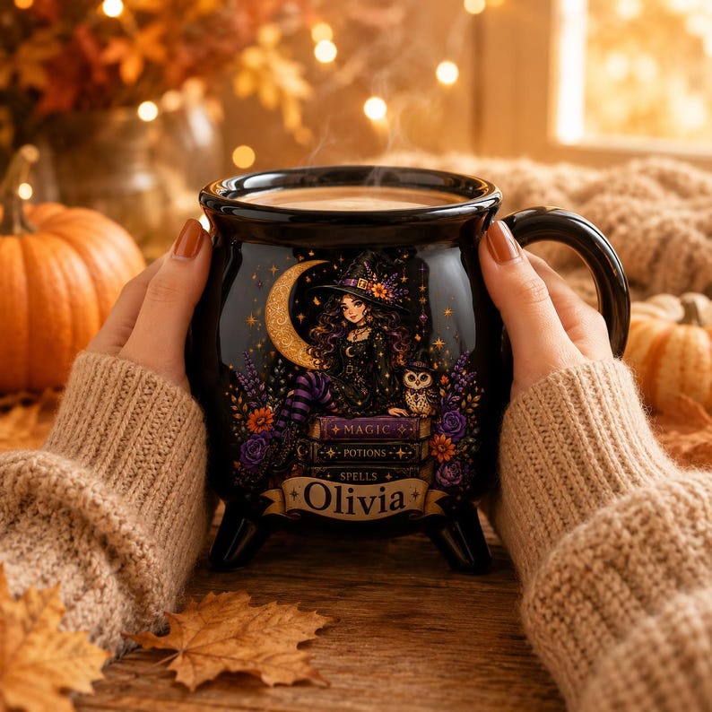 Personalized Halloween Cauldron Mug, Custom Witchy Coffee Cup, Spooky Witch Ceramic Drinkware, Autumn Witchy Gift
