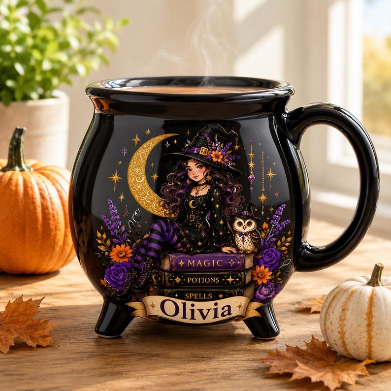 Personalized Halloween Cauldron Mug, Custom Witchy Coffee Cup, Spooky Witch Ceramic Drinkware, Autumn Witchy Gift
