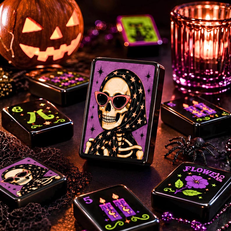 Glam Skeleton Halloween Mahjong Tiles, 160-Piece American Mahjong Set, Black Acrylic Tiles, Spooky Floral Game Night Gift