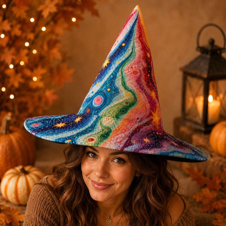 Rainbow Galaxy Quilted Witch Hat, Celestial Starry Halloween Costume Hat, Colorful Witchy Party Accessory