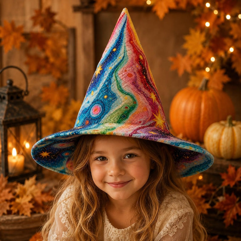 Rainbow Galaxy Quilted Witch Hat, Celestial Starry Halloween Costume Hat, Colorful Witchy Party Accessory