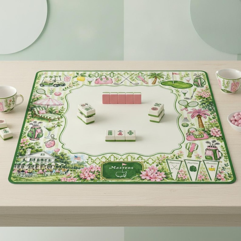 Preppy Golf Mahjong Mat, Country Club Chic Decor Pink & Green Golf Lover Gift, Grandmillennial Style