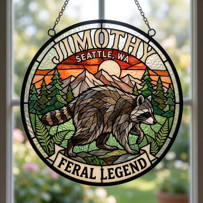 Jimothy Raccoon Feral Legend Stained Glass Suncatcher, Viral Seattle Meme Decor, Cute Raccoon Ornament