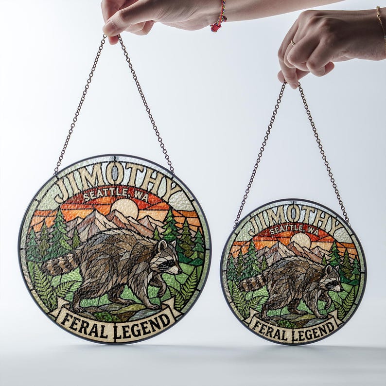 Jimothy Raccoon Feral Legend Stained Glass Suncatcher, Viral Seattle Meme Decor, Cute Raccoon Ornament