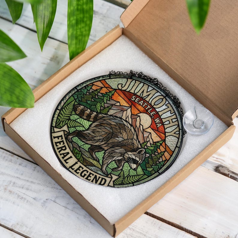 Jimothy Raccoon Feral Legend Stained Glass Suncatcher, Viral Seattle Meme Decor, Cute Raccoon Ornament