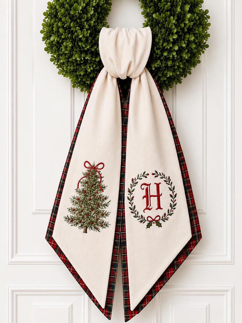 Christmas Wreath Sash, Personalized Pink Stripe Monogram Door Sash, Embroidered Noel Wreath Bow, Christmas Bow Tree