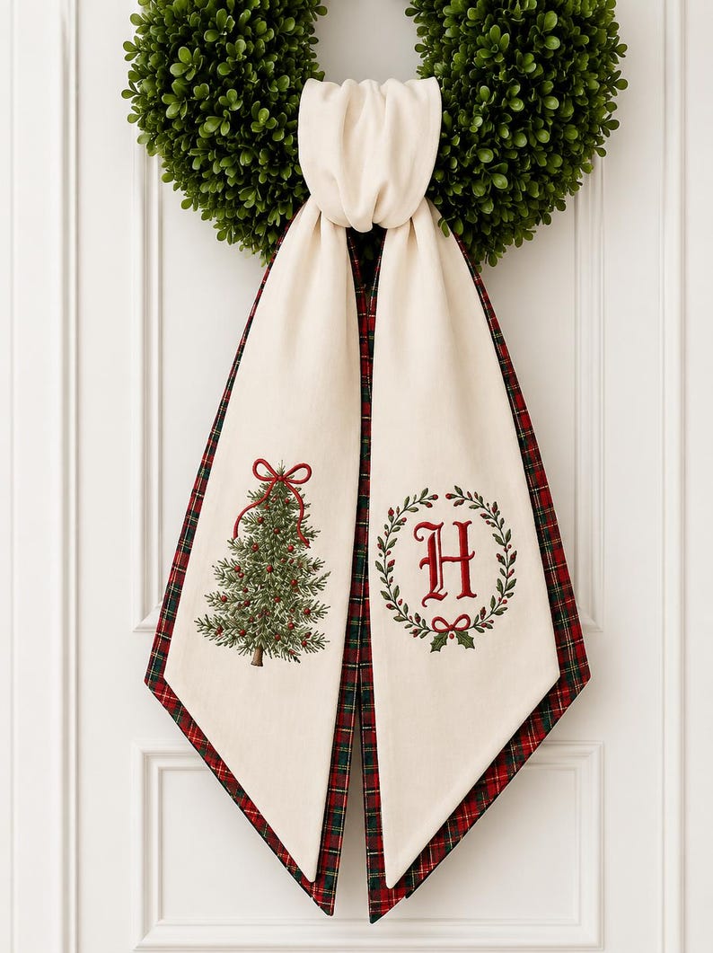 Christmas Wreath Sash, Personalized Pink Stripe Monogram Door Sash, Embroidered Noel Wreath Bow, Christmas Bow Tree
