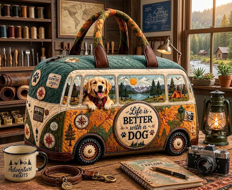 Adventure Awaits Camper Van Duffle Bag, Quilted World Map Travel Weekender, Outdoor Camping Gift
