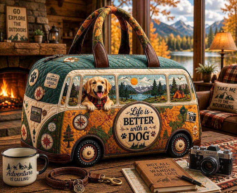Adventure Awaits Camper Van Duffle Bag, Quilted World Map Travel Weekender, Outdoor Camping Gift