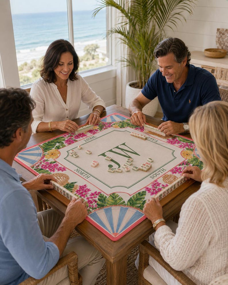 Personalized Tropical Floral Mahjong Mat, Custom Monogram Mah Jongg Table Cover, Non-Slip Game Mat