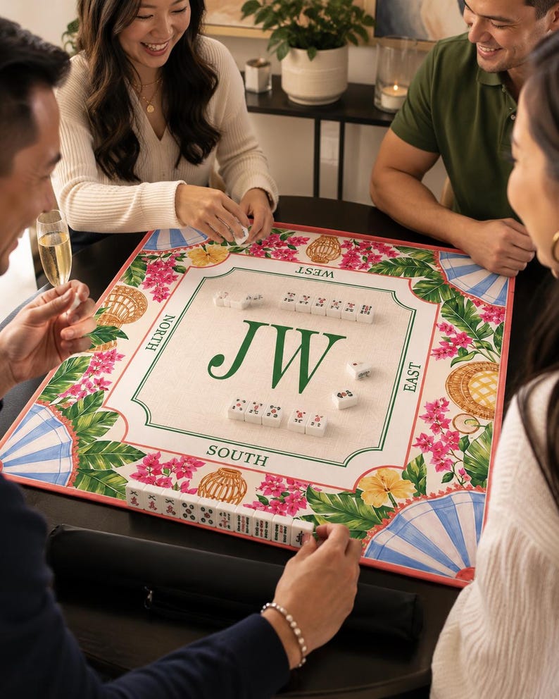 Personalized Tropical Floral Mahjong Mat, Custom Monogram Mah Jongg Table Cover, Non-Slip Game Mat