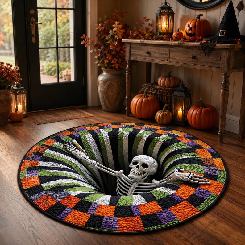 3D Skeleton Halloween Rug, Round Spooky Area Rug, Optical Illusion Floor Mat