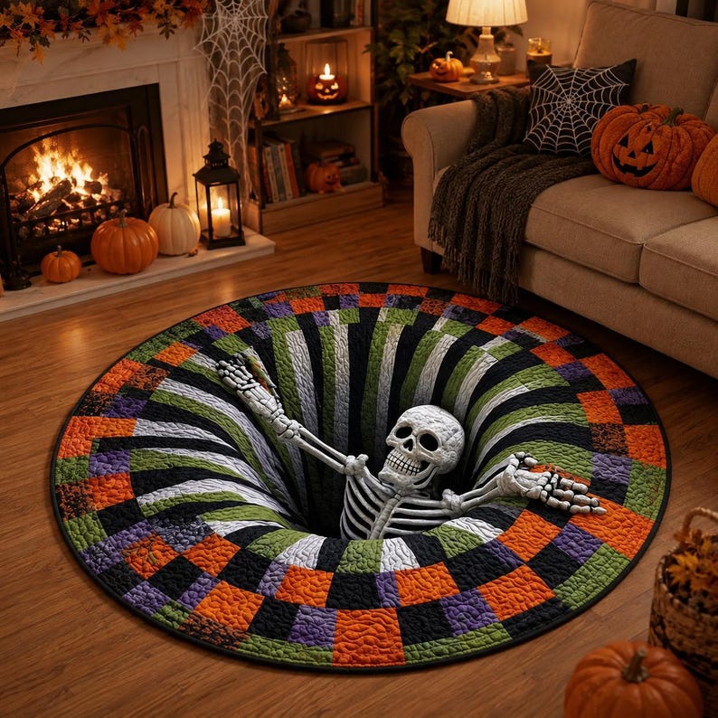 3D Skeleton Halloween Rug, Round Spooky Area Rug, Optical Illusion Floor Mat