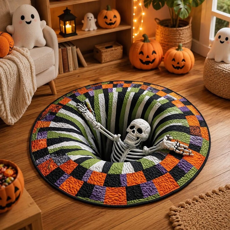 3D Skeleton Halloween Rug, Round Spooky Area Rug, Optical Illusion Floor Mat