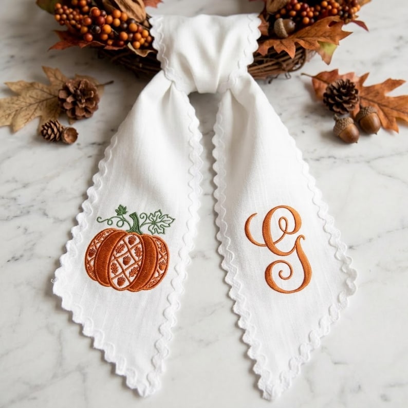 Personalized Pumpkin Wreath Sash, Embroidered Monogram Door Bow, White Fall Thanksgiving Front Door Decor