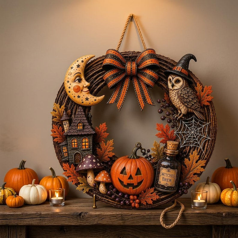 Gothic Halloween Wooden Door Hanger, Witch Raven Pumpkin Front Door Sign, Rustic Fall Wreath Decor, Haunted House Entrance