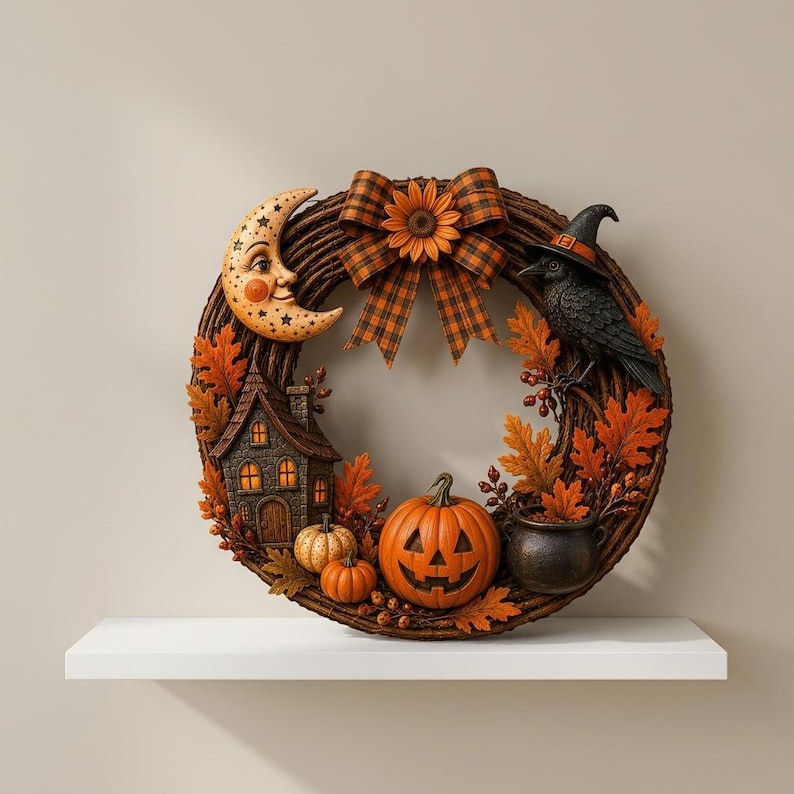 Gothic Halloween Wooden Door Hanger, Witch Raven Pumpkin Front Door Sign, Rustic Fall Wreath Decor, Haunted House Entrance