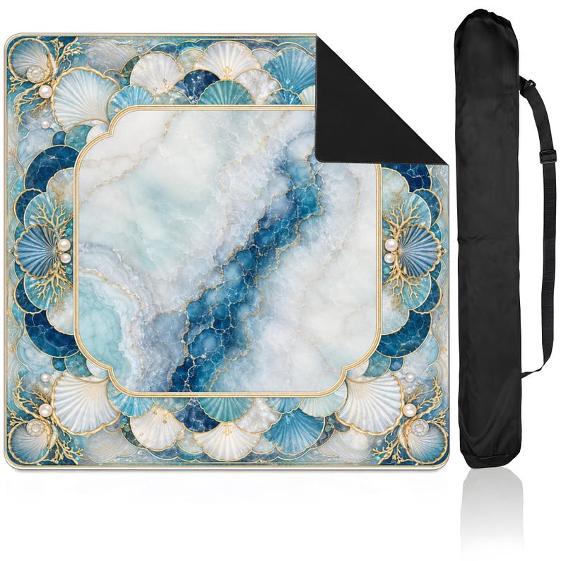 Coastal Marble Seashell Mahjong Mat, Blue Ocean Pearl Art Deco, Table Topper Elegant Beach House Decor Gift