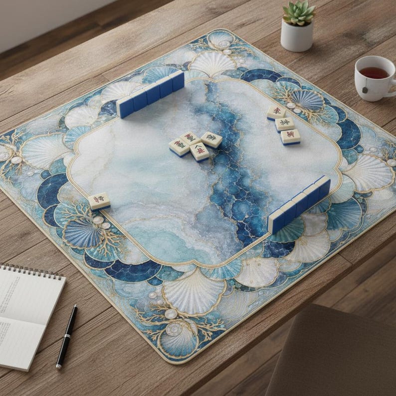 Coastal Marble Seashell Mahjong Mat, Blue Ocean Pearl Art Deco, Table Topper Elegant Beach House Decor Gift