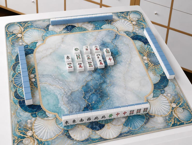 Coastal Marble Seashell Mahjong Mat, Blue Ocean Pearl Art Deco, Table Topper Elegant Beach House Decor Gift