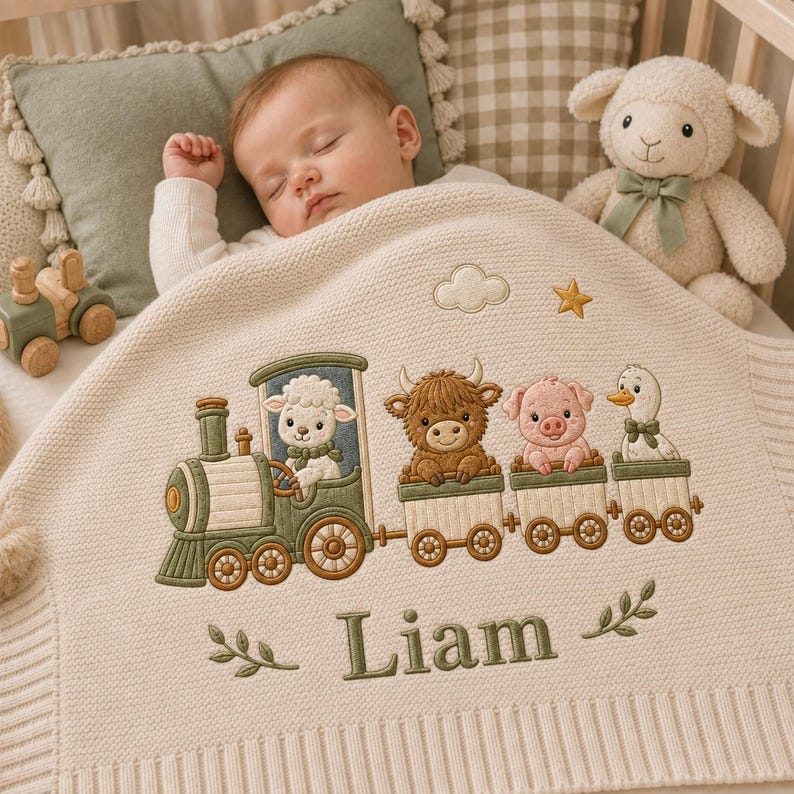 Personalized Knit Farm Train Baby Blanket Name, Custom Embroidered Farmyard Express Baby Shower Gift