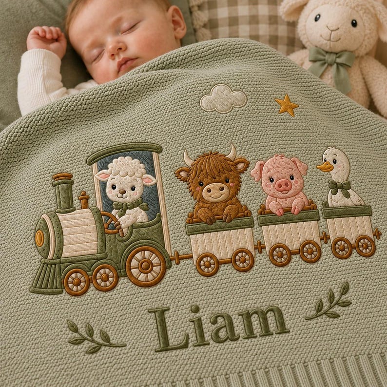 Personalized Knit Farm Train Baby Blanket Name, Custom Embroidered Farmyard Express Baby Shower Gift
