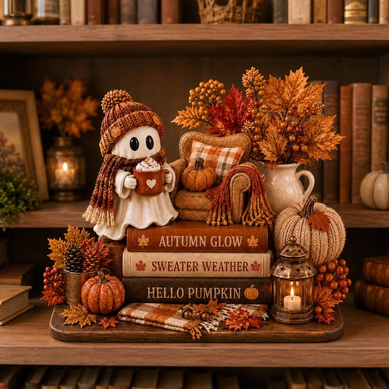 Reading Ghost Pumpkin 2D Wooden Block, Fall Bookshelf Decor, Cozy Autumn Library Display, Halloween Reading Nook Gift