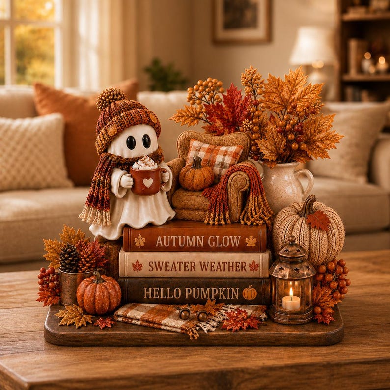 Reading Ghost Pumpkin 2D Wooden Block, Fall Bookshelf Decor, Cozy Autumn Library Display, Halloween Reading Nook Gift