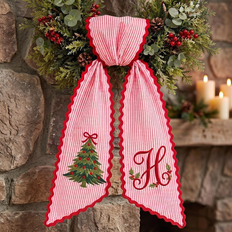 Custom Embroidery Christmas Tree Name Wreath Sash, Personalize Monogram Bow Christmas Decor