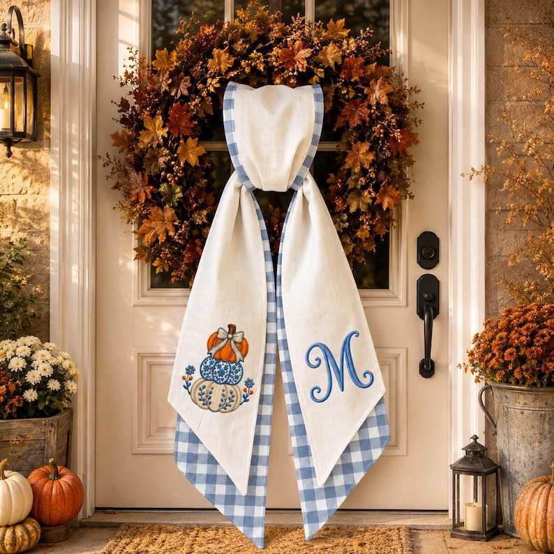 Personalized Fall Wreath Sash, Blue Gingham Pumpkin Wreath Bow, Custom Monogram Door Hanger, Embroidered Front Door Decor