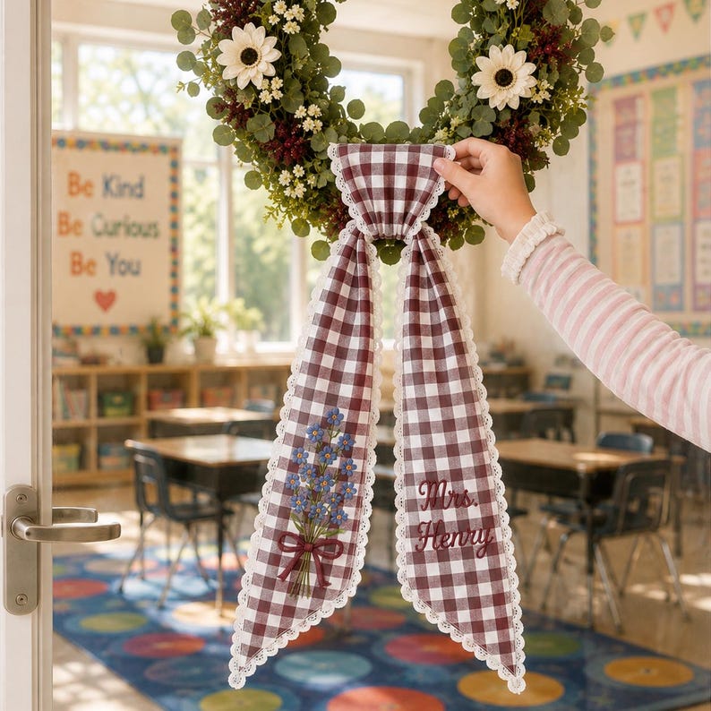 Personalized Blue Gingham Teacher Door Wreath Bow with Forget Me Not Flowers, Custom Mrs. Name Embroidered