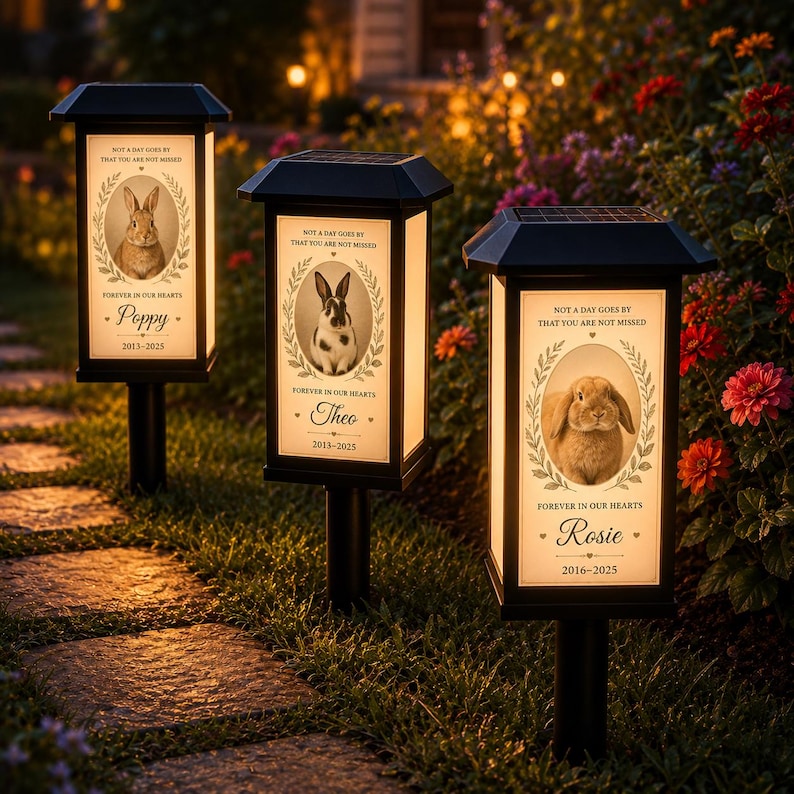 Personalized Rabbit Memorial Solar Garden Light, Custom Bunny Photo Loss Sympathy Gift, Pet Remembrance Outdoor Lantern