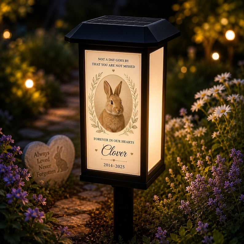 Personalized Rabbit Memorial Solar Garden Light, Custom Bunny Photo Loss Sympathy Gift, Pet Remembrance Outdoor Lantern
