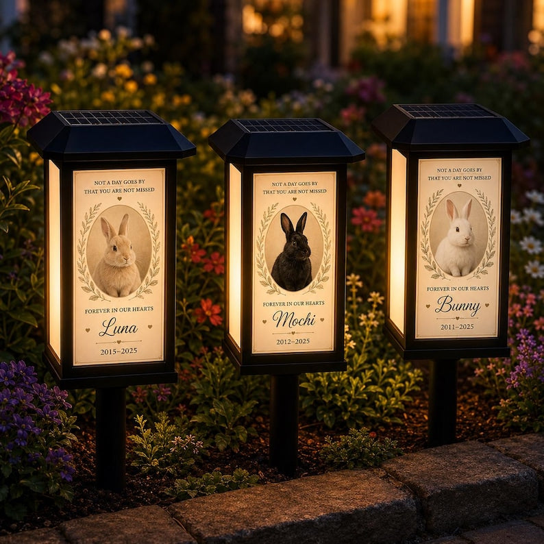 Personalized Rabbit Memorial Solar Garden Light, Custom Bunny Photo Loss Sympathy Gift, Pet Remembrance Outdoor Lantern