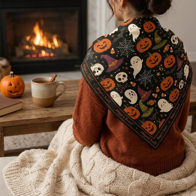Personalized Halloween Hair Scarf, Custom Satin Head Scarf, Spooky Ghost Hair Accessory, Cute Pumpkin Neck Scarf